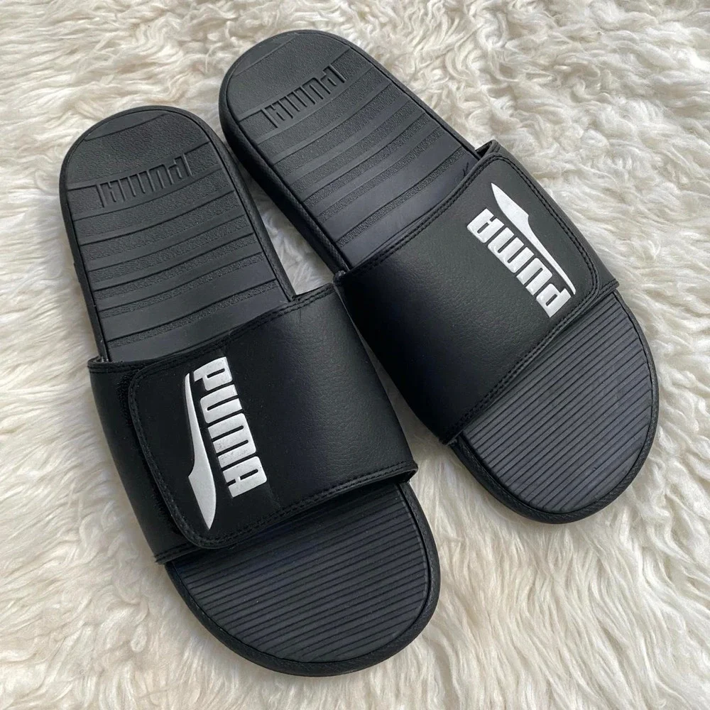 PUMA BLACK COOL CAT HOOK AND LOOP SLIDES SANDALS